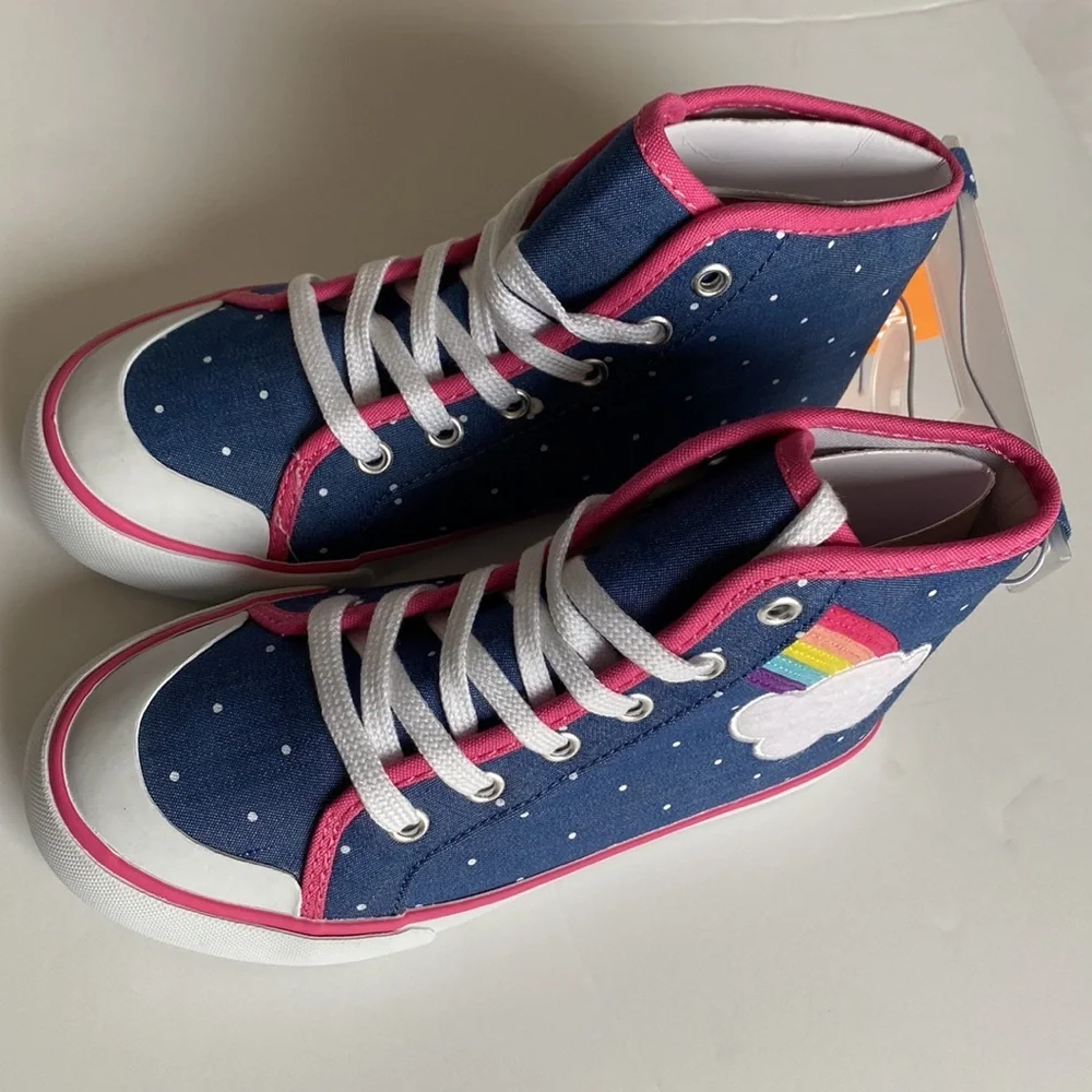👉 GYMBOREE Toddler Girls Hi-Top Sneakers Denim Blue/Rainbow Size 1 NWT